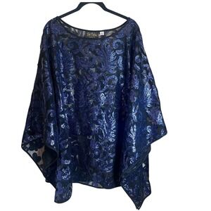 Bob Mackie Wearable Art Blue Sequin Mesh Poncho Top Plus Size 2X Evening Cape